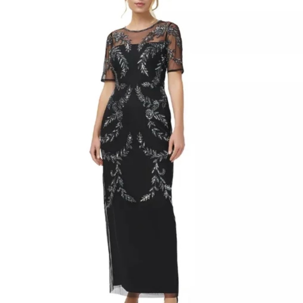 Papell Boutique Elegant Black and Silver Embellished Evening Gown
